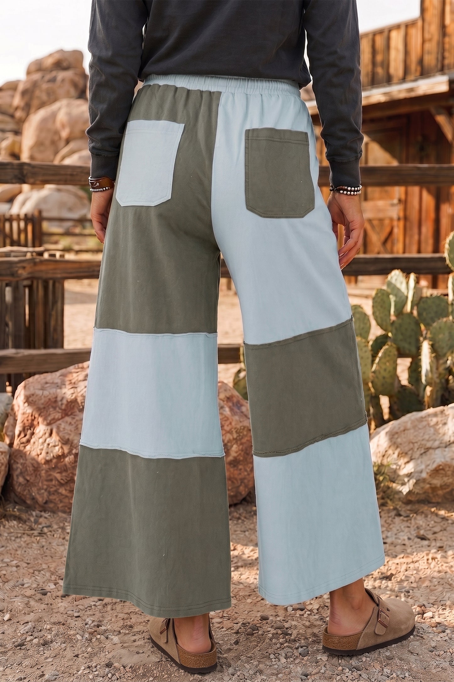 Russet Orange Raw Seam Colorblock Wide Leg Ankle Length Casual Pants