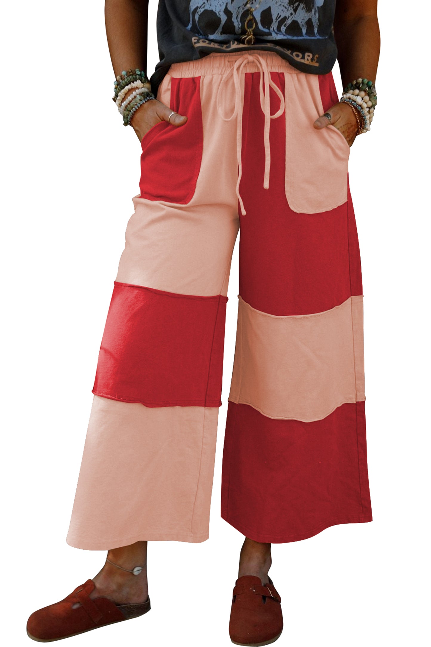 Russet Orange Raw Seam Colorblock Wide Leg Ankle Length Casual Pants