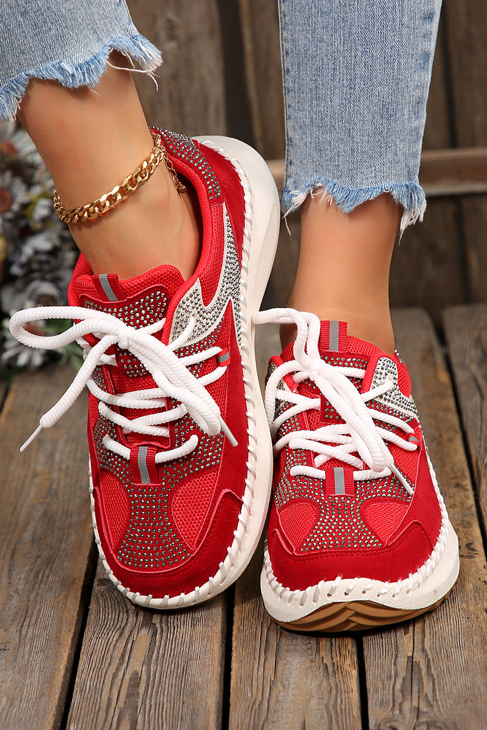White Rhinestone PU Leather Platform Casual Sneakers