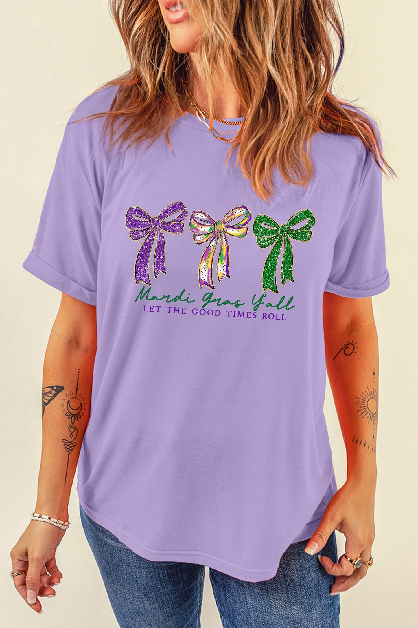 Wisteria Mardi Gras Ribbon Bow Slogan Printed Casual T Shirt