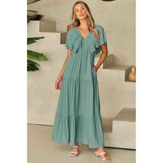 Green Textured V Neck Flutter Sleeve Ruffled Maxi Dress
