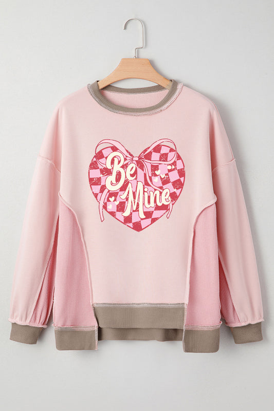 Light Pink Color Block Waffled Patchwork Be Mine Cracking Checkered Heart Print Sweatshirt