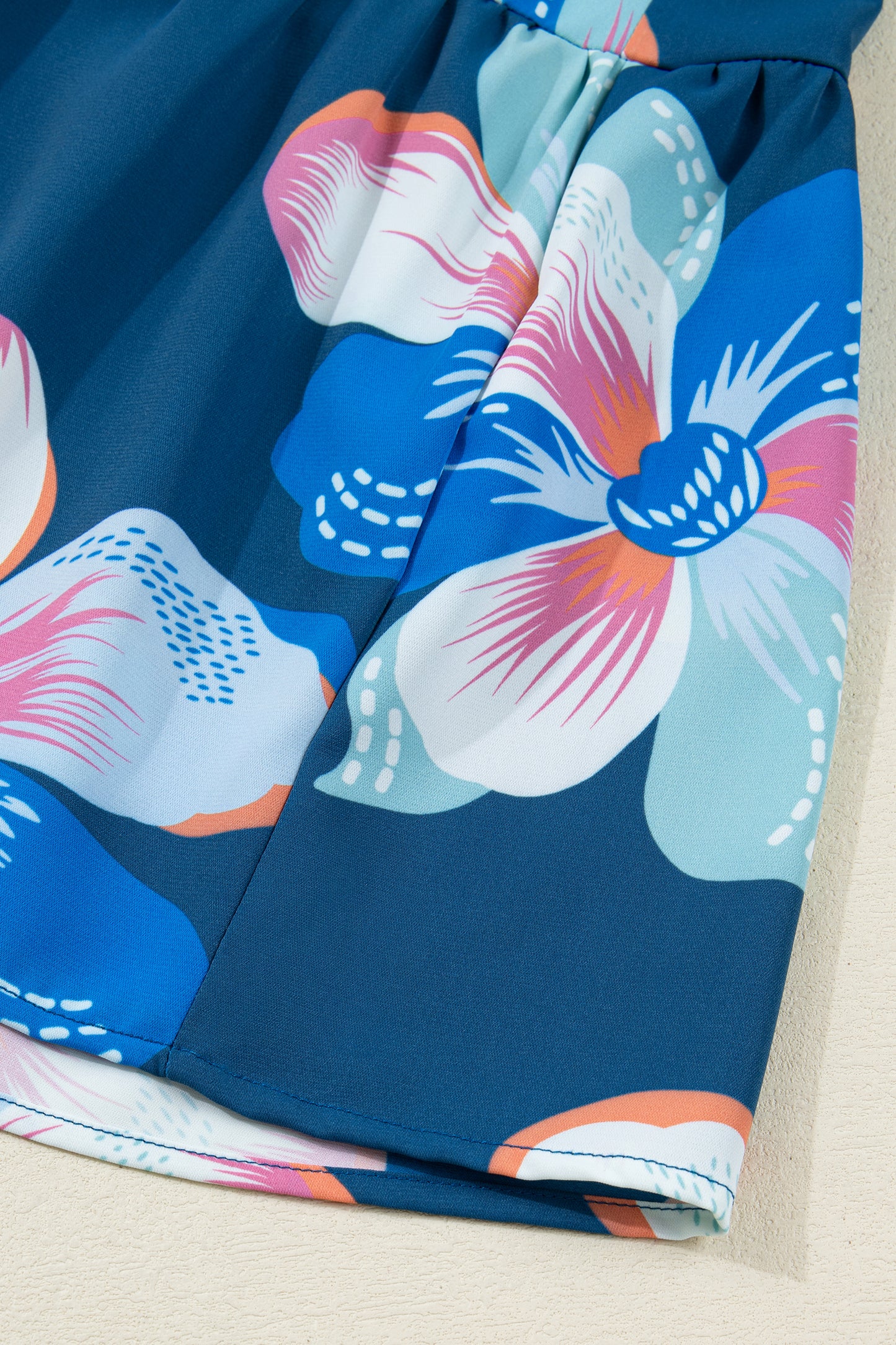 Blue Floral Print Short Puff Sleeve Ruffle Hem Belted Long Dress