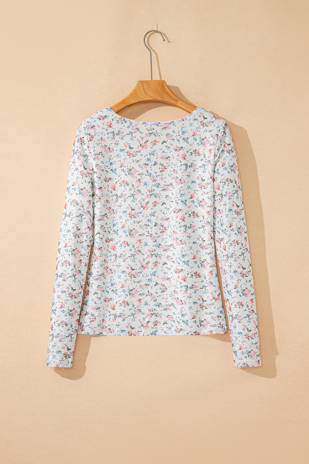 White Floral Print Textured Square Neck Slim Fit Long Sleeve Top