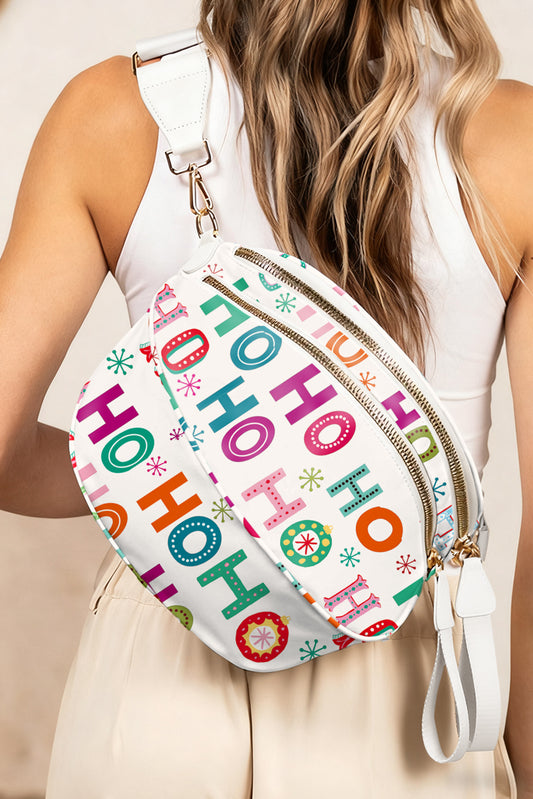 White HO HO HO Print Double Zip Crossbody Bag