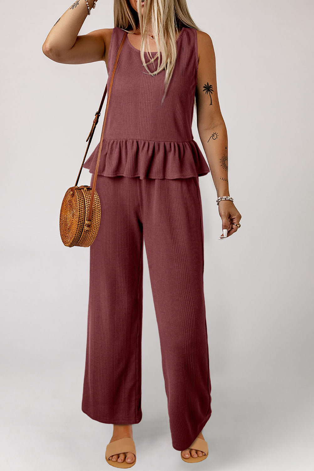 Red Dahlia Solid Color Ribbed Ruffle Tank Top and Pants Set