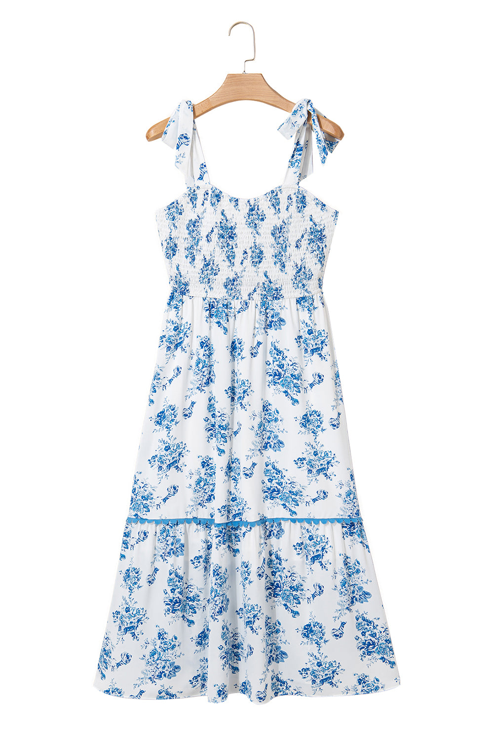 Sky Blue Floral Print Shirred Knot Shoulder Sleeveless Long Dress