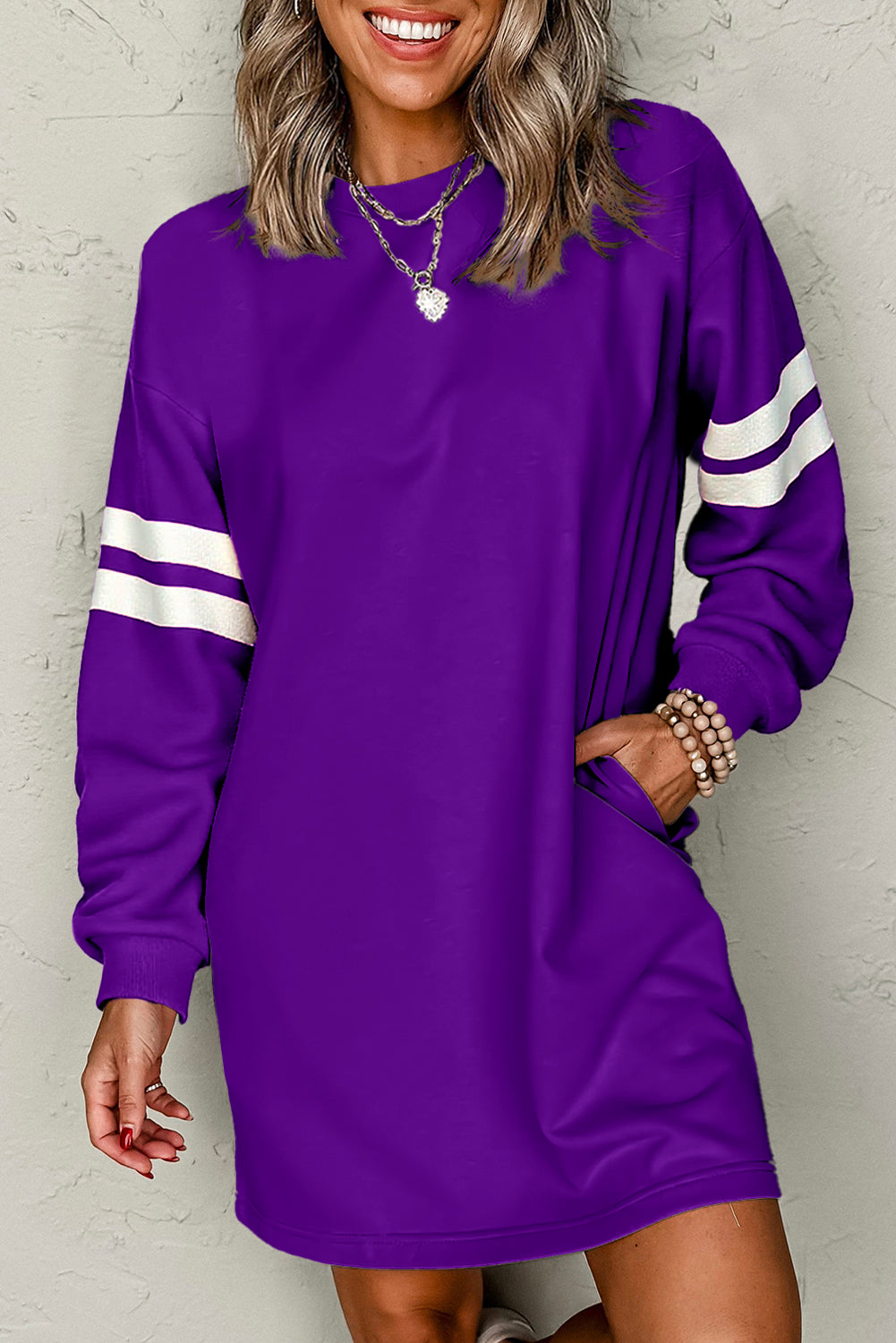 Fiery Red Varsity Contrast Banded Sleeve Shift Sweatshirt Dress