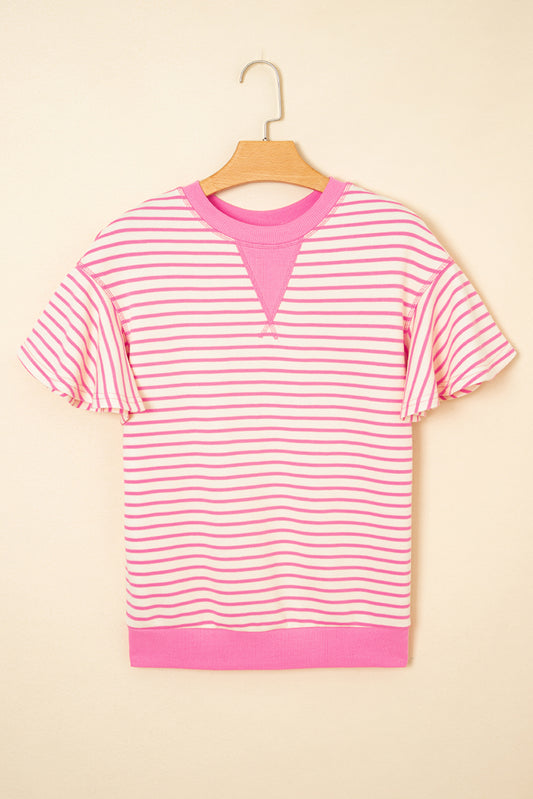 Sachet Pink Contrast Detail Striped Ruffle Short Sleeve Top