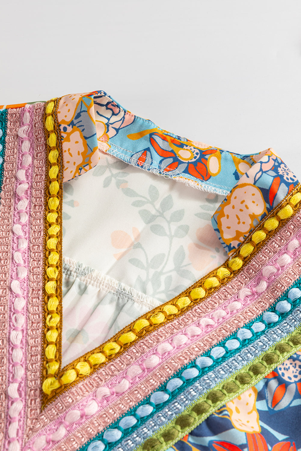 Multicolour Boho Floral Print Crochet Patchwork V Neck Loose Mini Dress