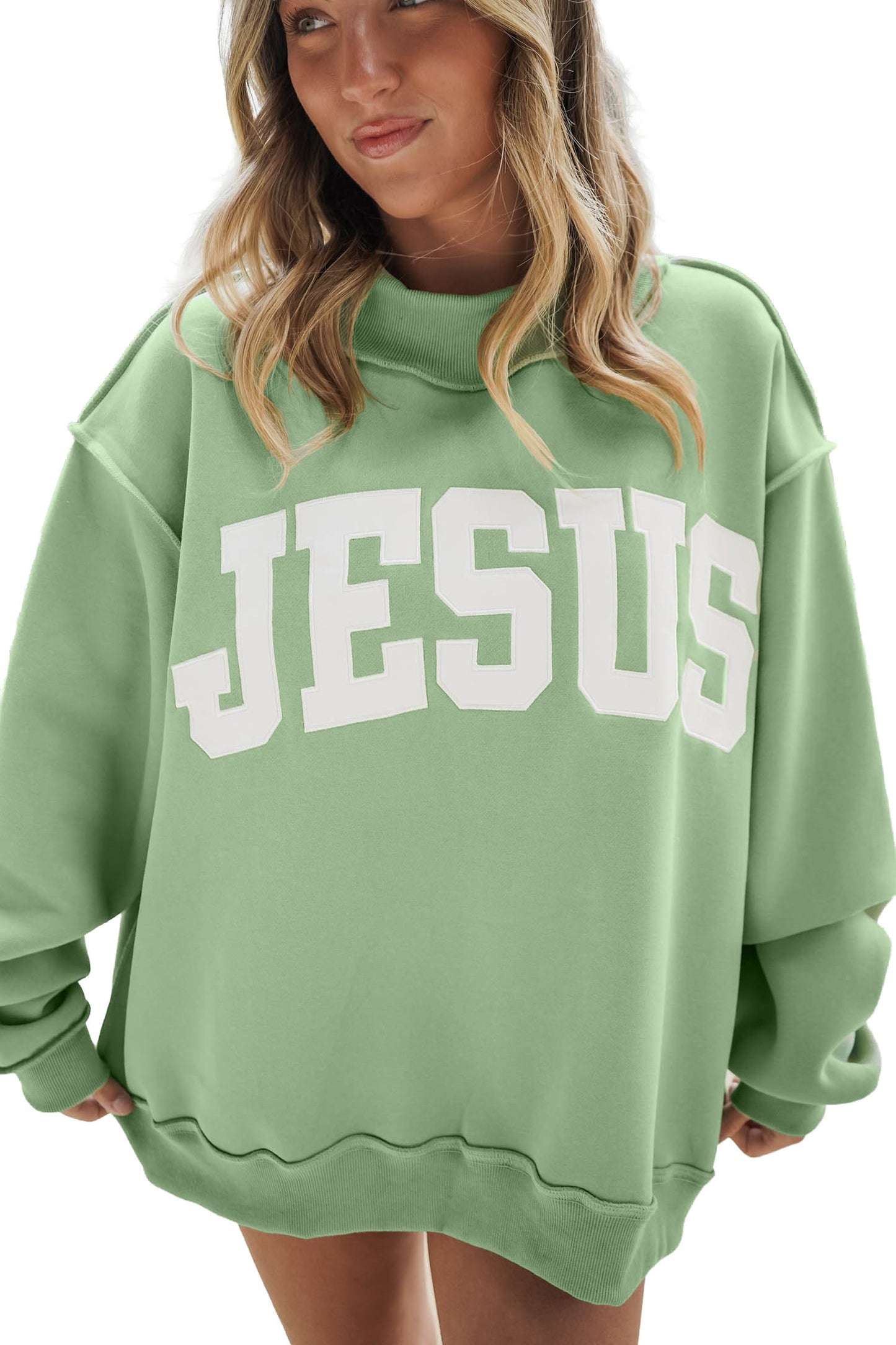Orchid Bouquet JESUS Letter Print Exposed Seam Mock Neck Baggy Sweatshirt