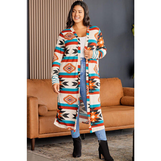 Plus Size Geometric Open Front Longline Cardigan