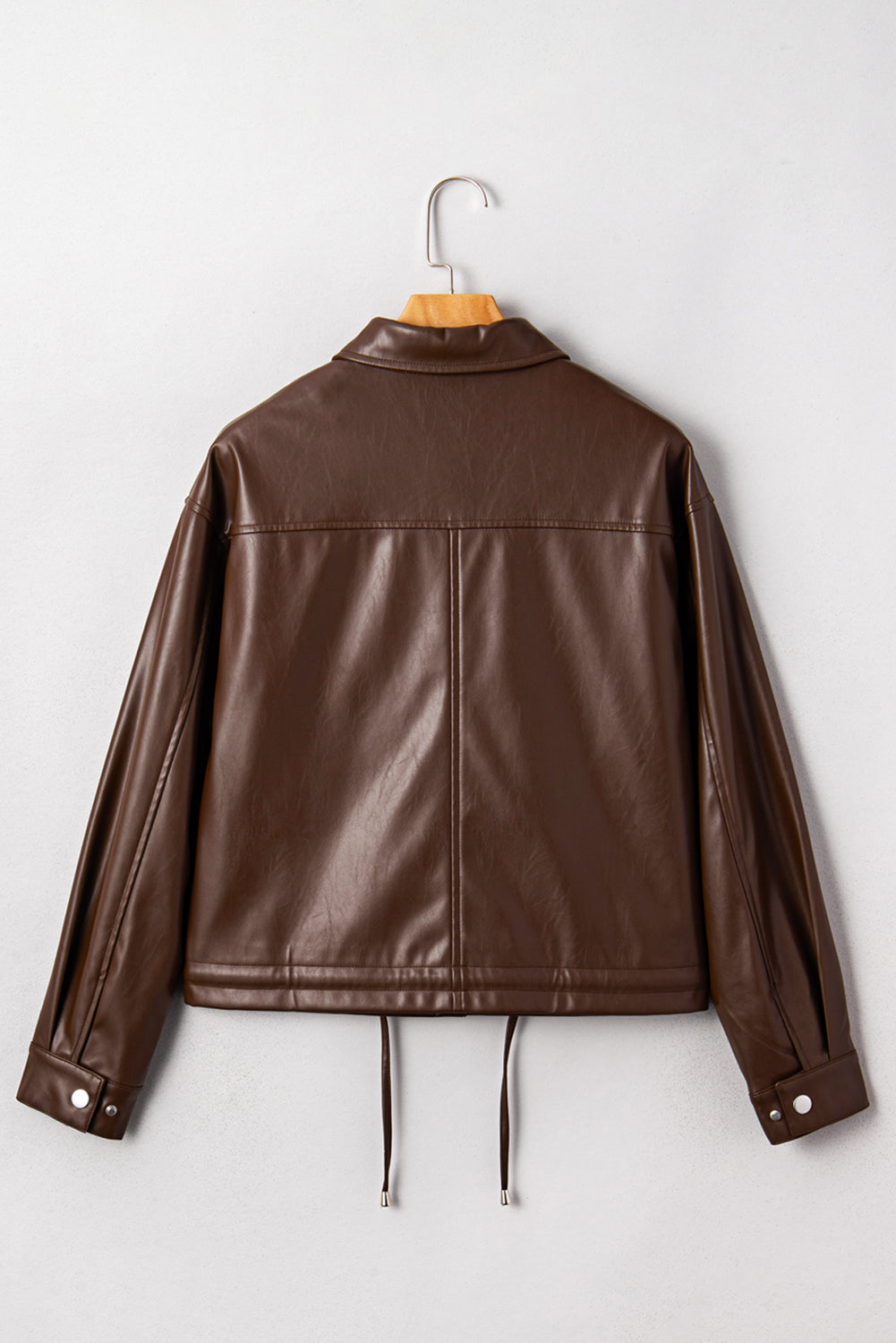 Chicory Coffee Double Flap Pocket Drawstring Hem Leather Jacket