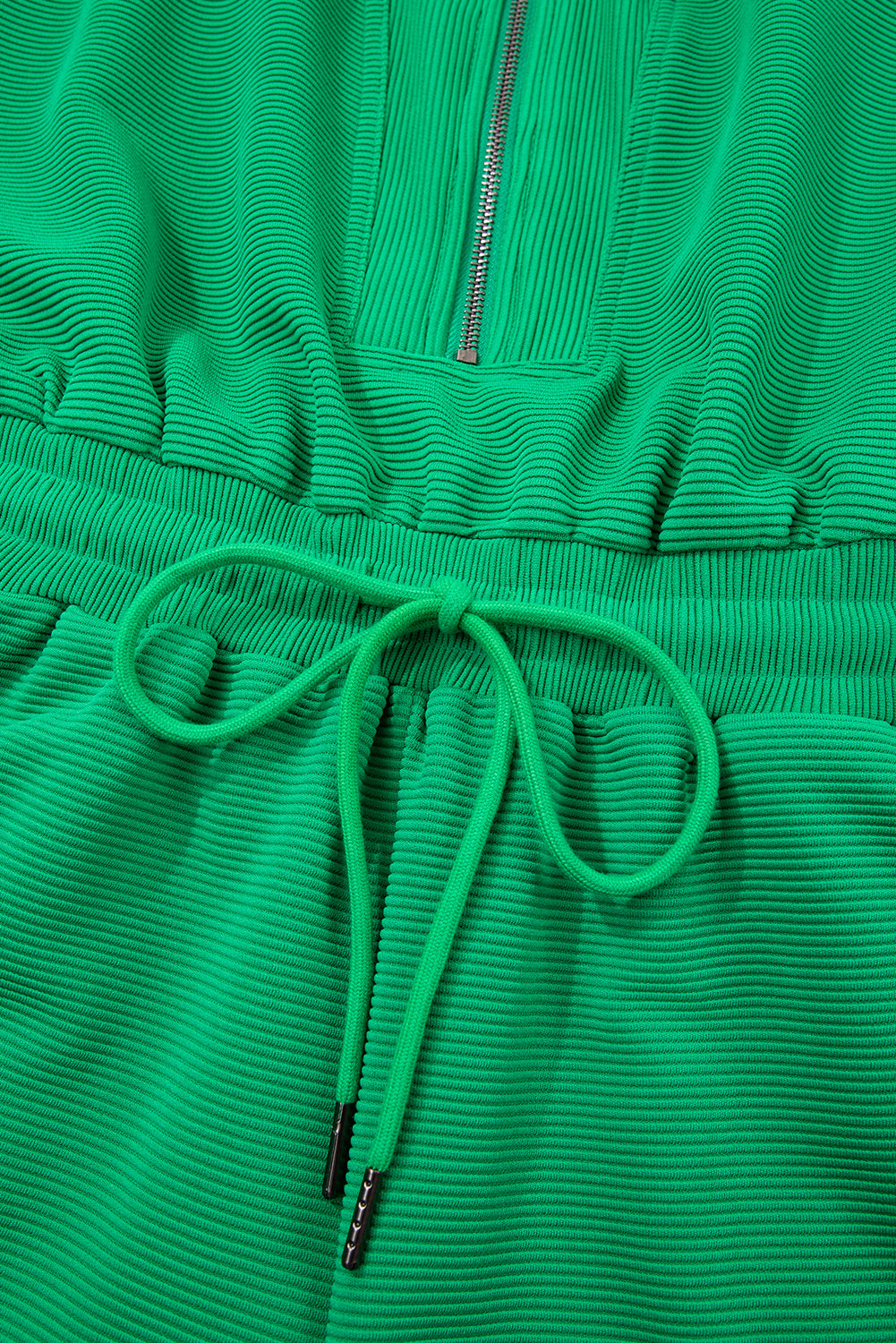 Bright Green Textured Short Sleeve Half Zip Drawstring Waist Romper