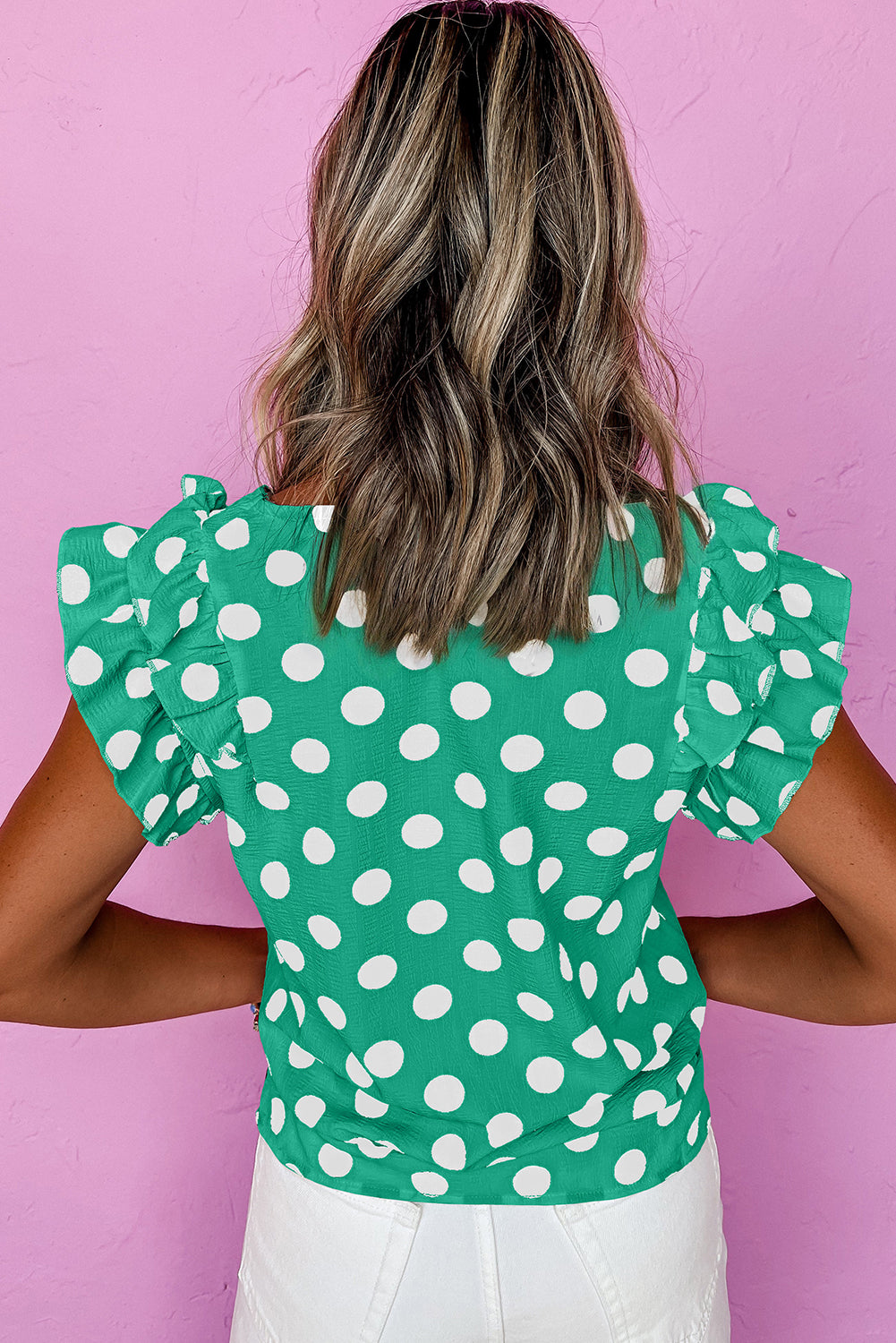 Green Polka Dot Print Ruffled Sleeve V Neck Blouse