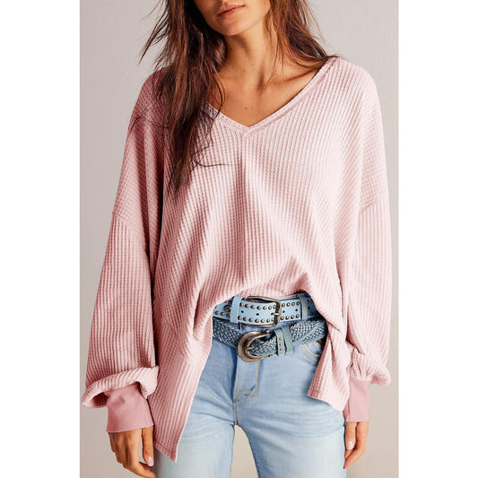 Light Pink Waffle V Neck Long Sleeve Drop Shoulder Loose Blouse Shirts Top