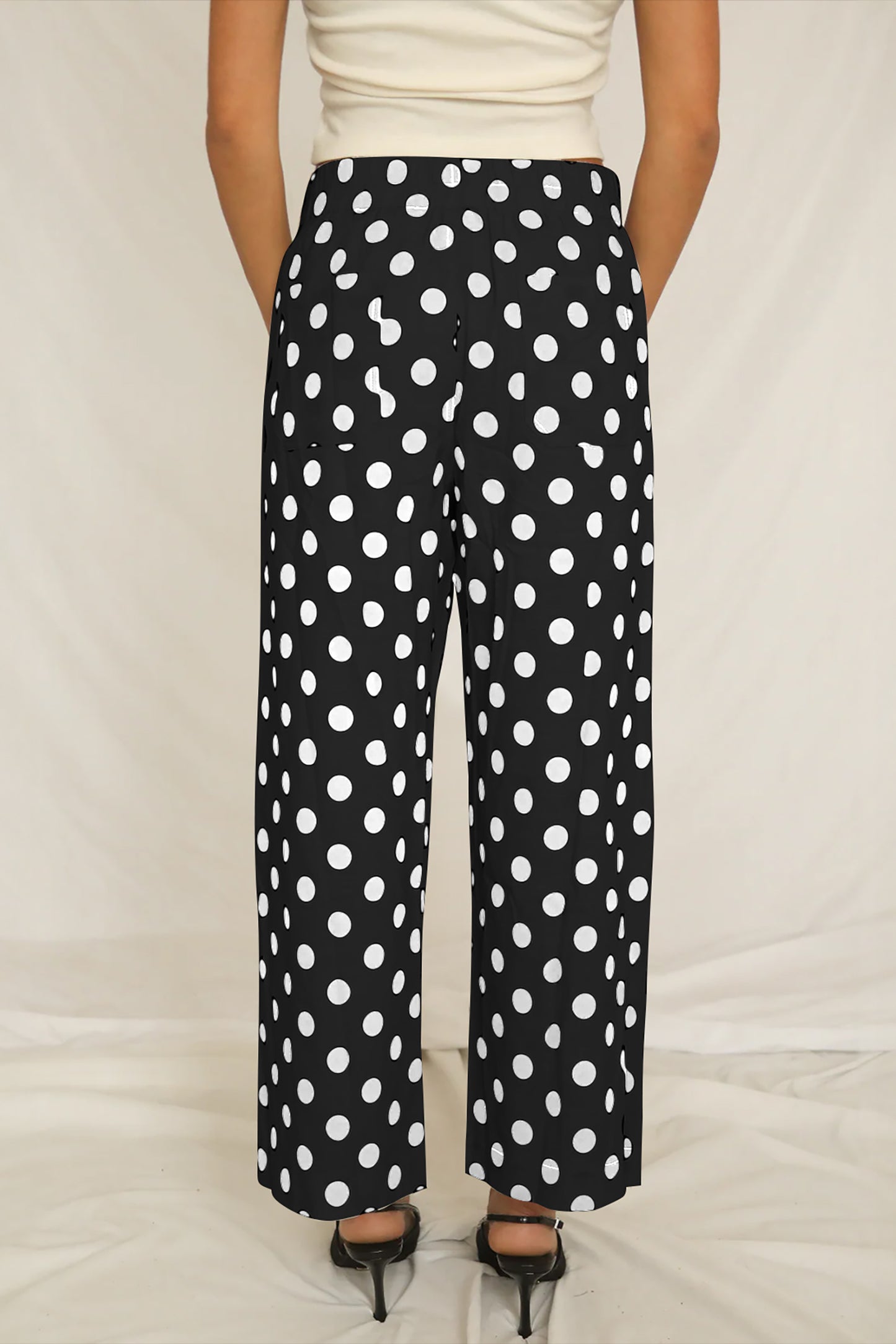 White Polka Dot Print Patched Pocket Loose Pants