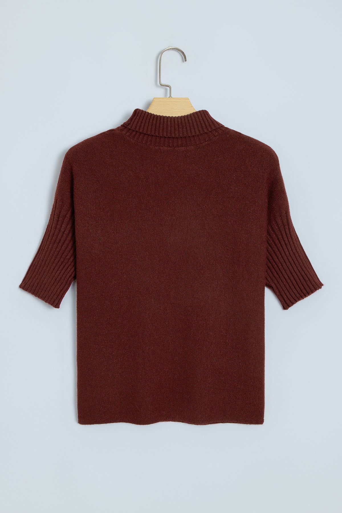 Burgundy Ribbed Trim High Neck Short Sleeve Casual Sweater