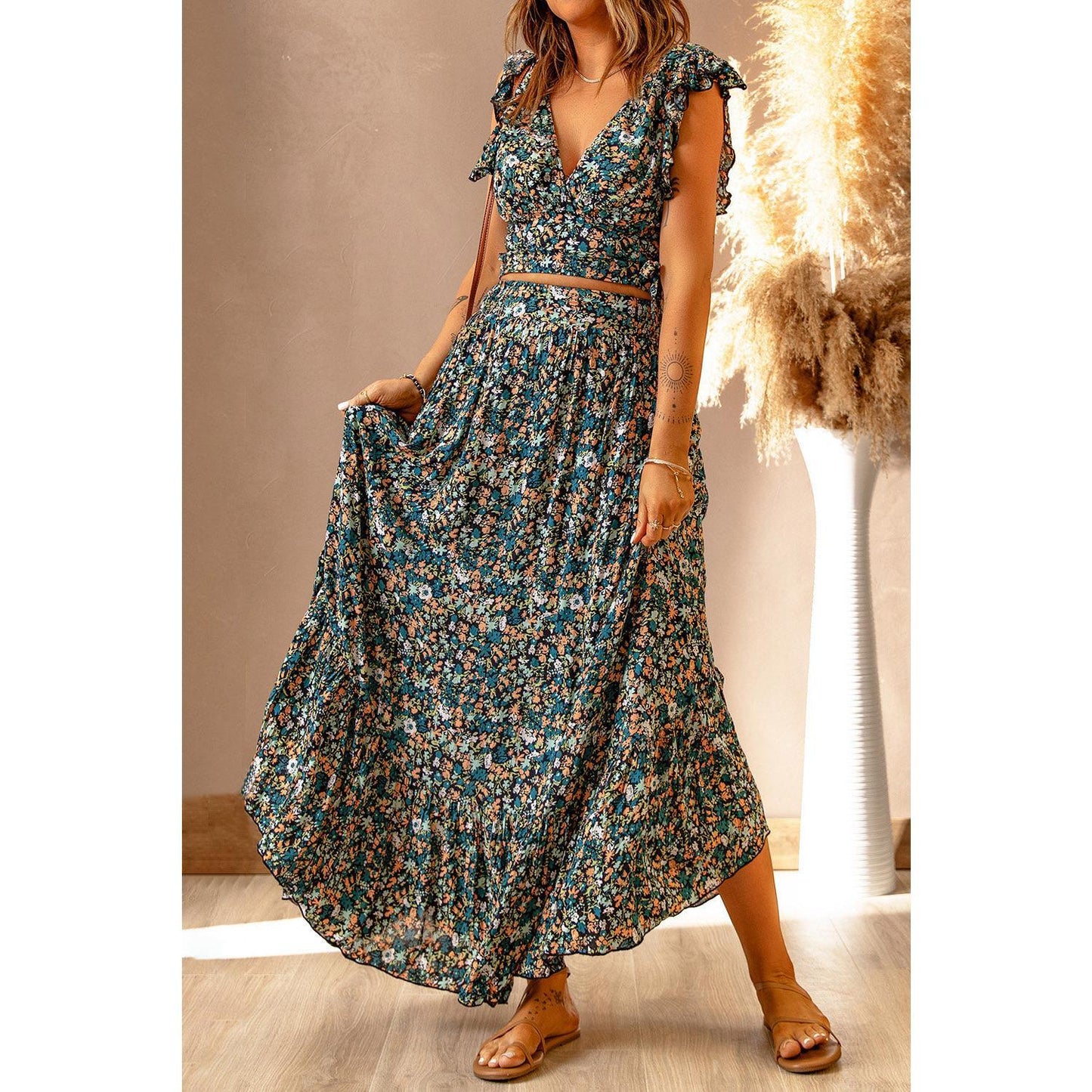 Multicolor Floral Ruffled Crop Top and Maxi Skirt Set