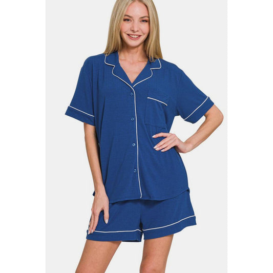 Zenana Button Down Short Sleeve Top and Shorts Lounge Set