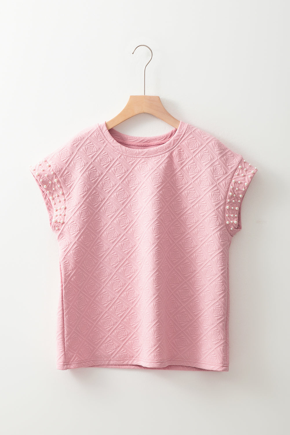 Light Pink Pearl Embellished Flower Textured T Shirt