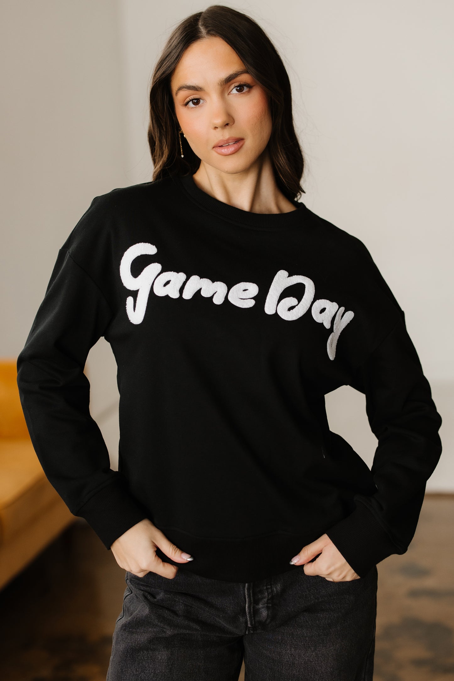 Black Chenille Game Day Graphic Drop Shoulder Sweatshirt