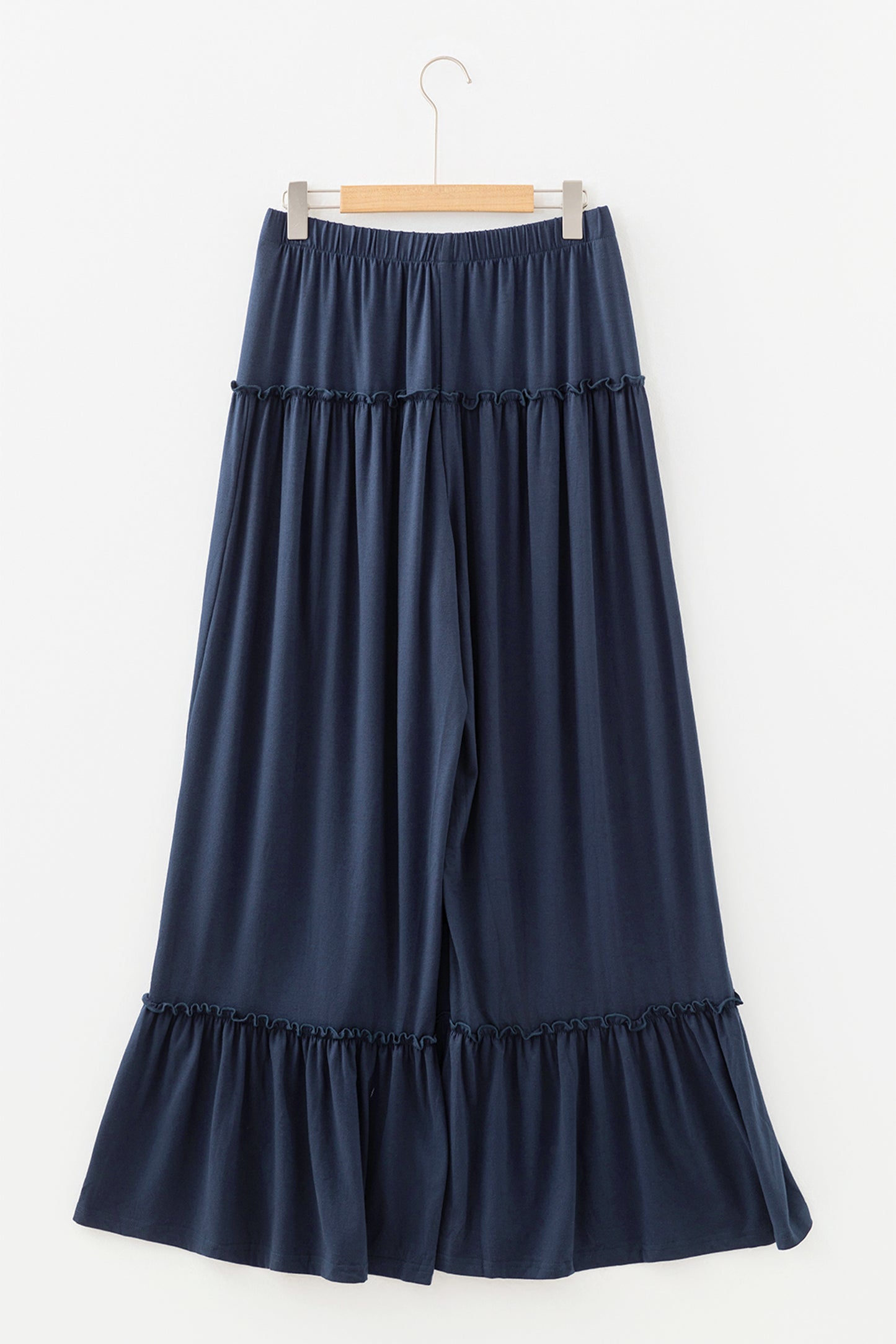 Navy Blue Frilled Drawstring High Waist Wide Leg Pants