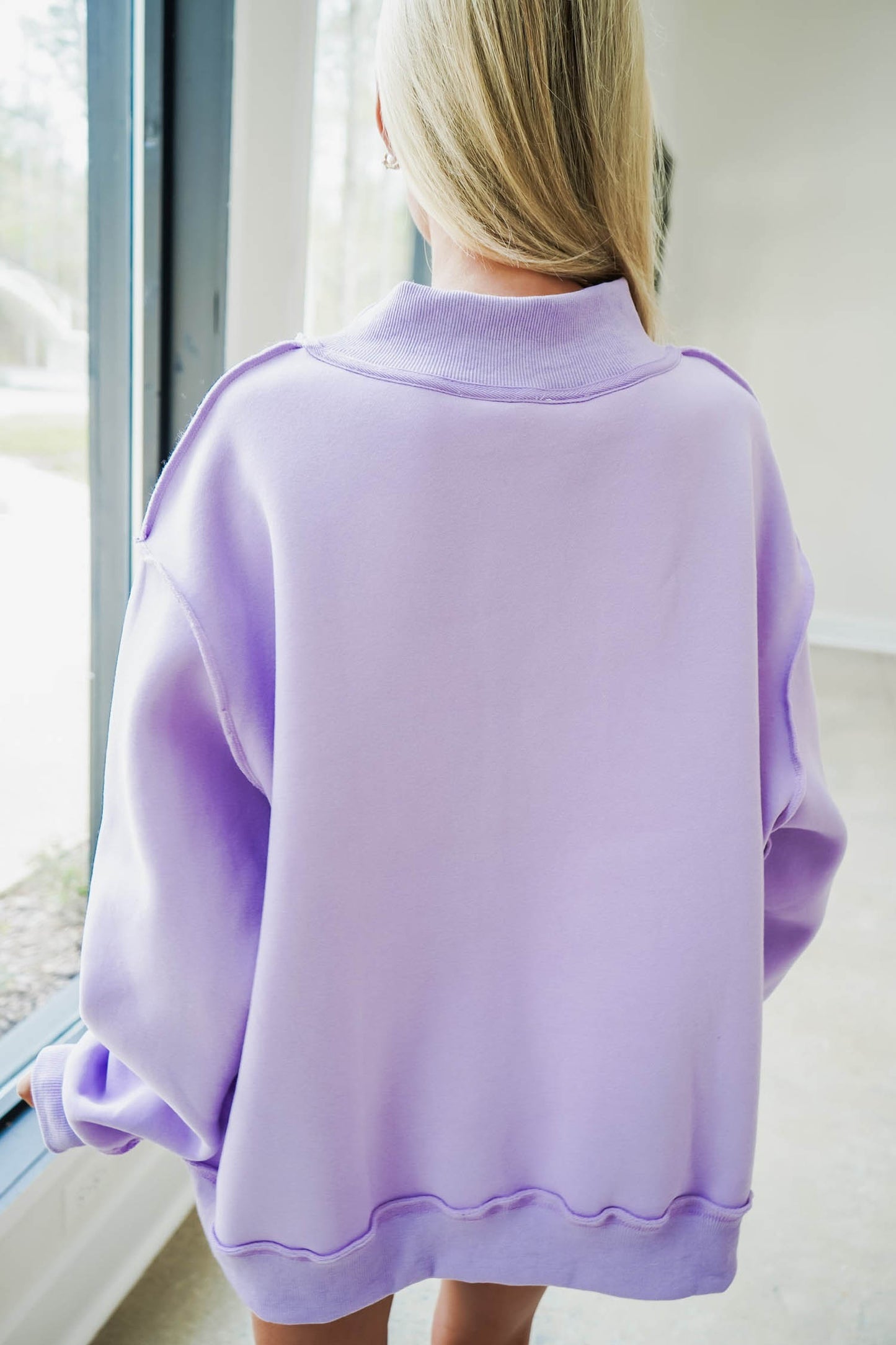 Orchid Bouquet JESUS Letter Print Exposed Seam Mock Neck Baggy Sweatshirt