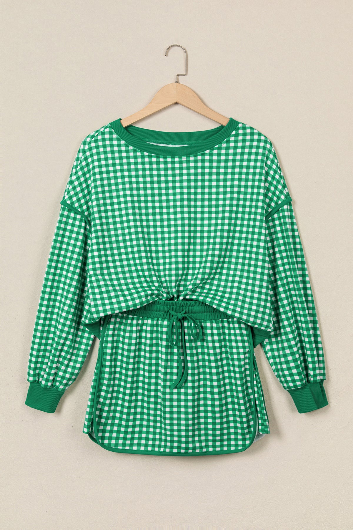 Red Gingham Oversized Ribbed Trim Crew Neck Long Sleeve Top and Skort Set