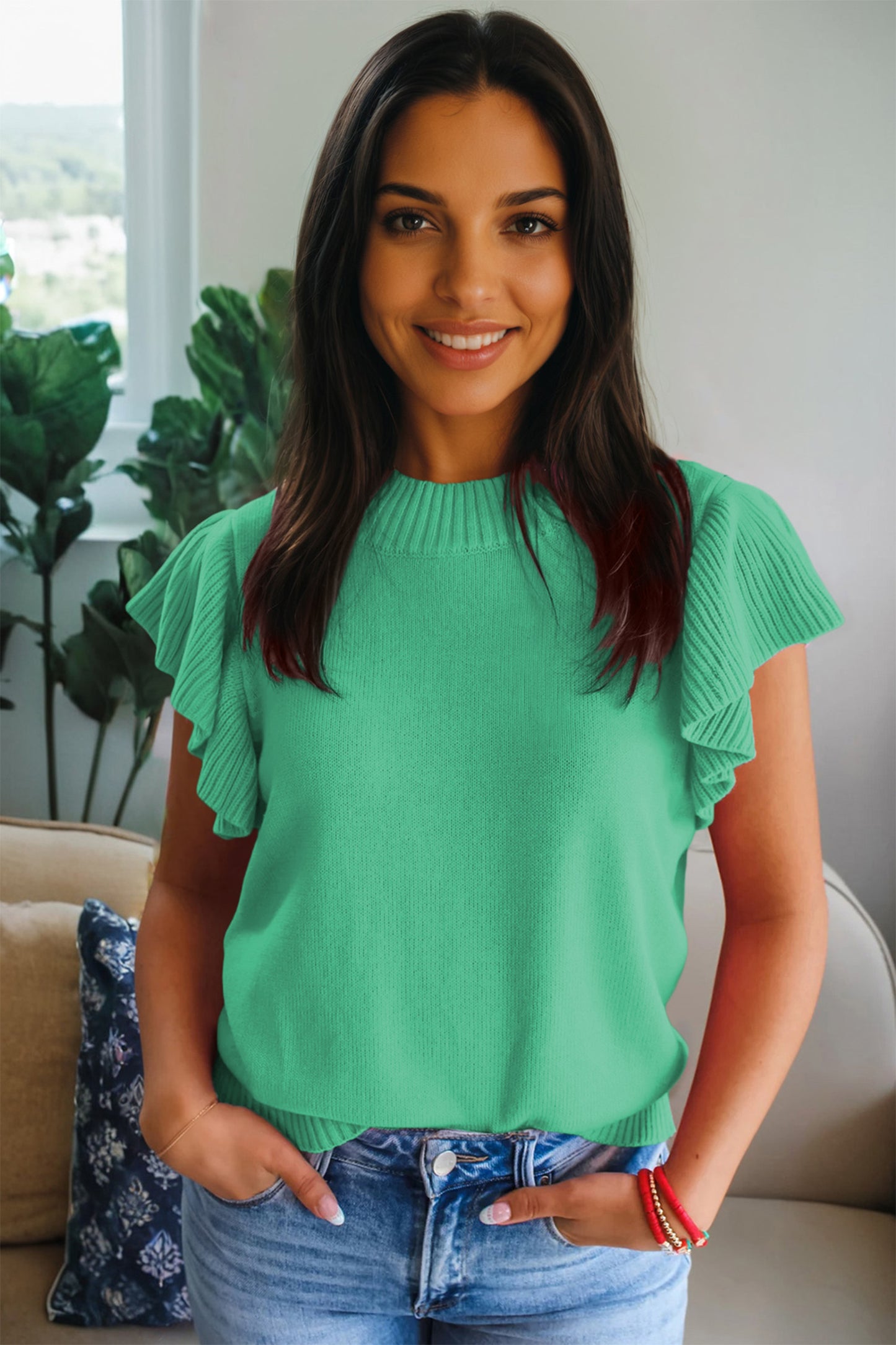 Sachet Pink Solid Color Ribbed Trim Round Neck Ruffle Short Sleeve Sweater