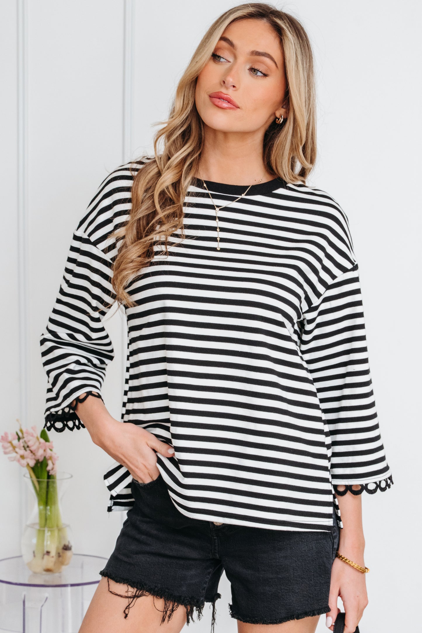 Sachet Pink Striped Print Drop Shoulder Lace Trim Bracelet Sleeve Loose Top