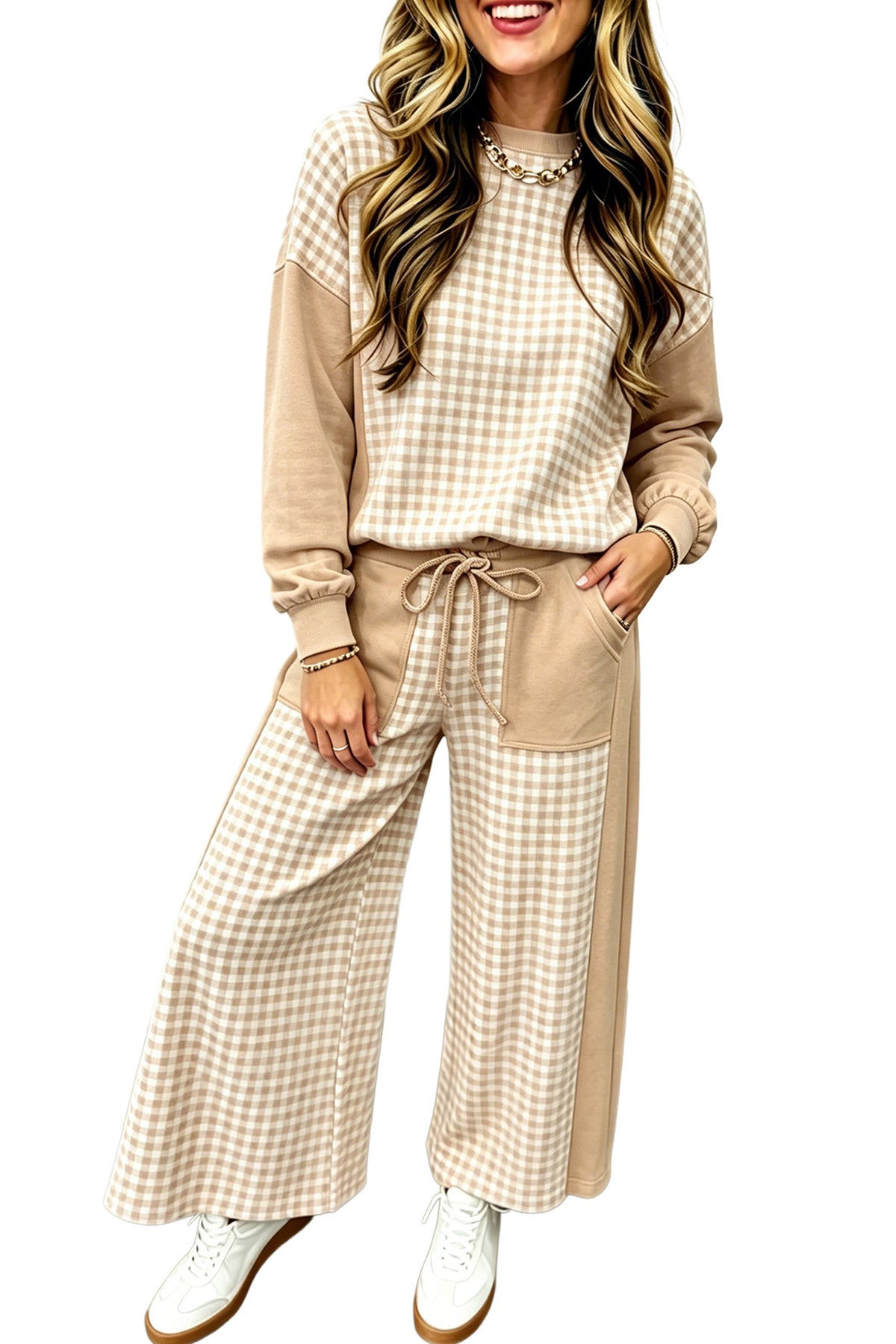 Green Color Block Plaid Patchwork Long Sleeve Pullover Wide Leg Pant Set