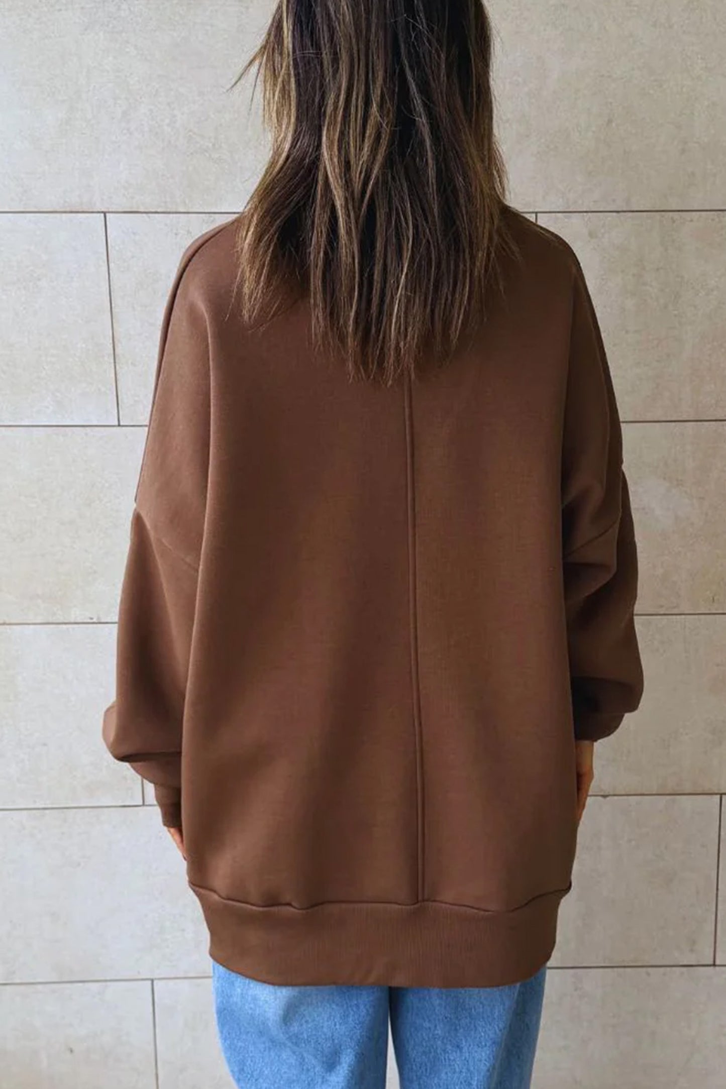 Coffee Solid Color Oversized Mock Neck Split Hem Tunic Sweatshirt