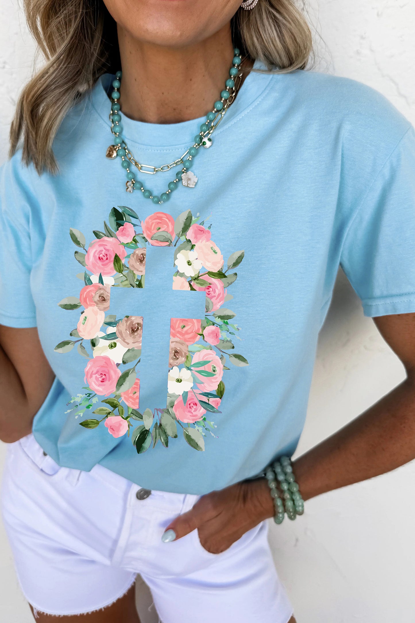 Light Blue Floral Printed Faith Easter Graphic Tee