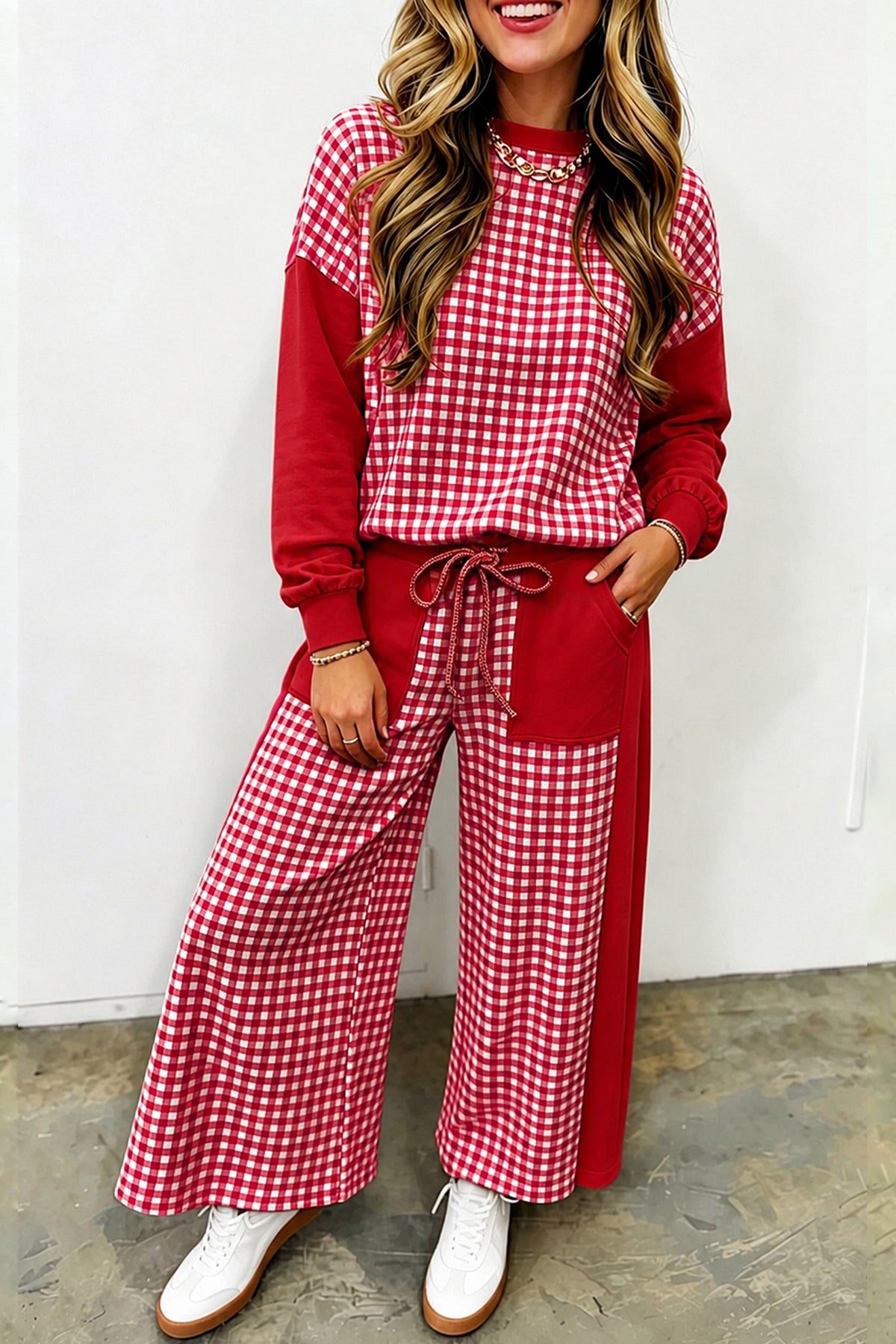 Green Color Block Plaid Patchwork Long Sleeve Pullover Wide Leg Pant Set