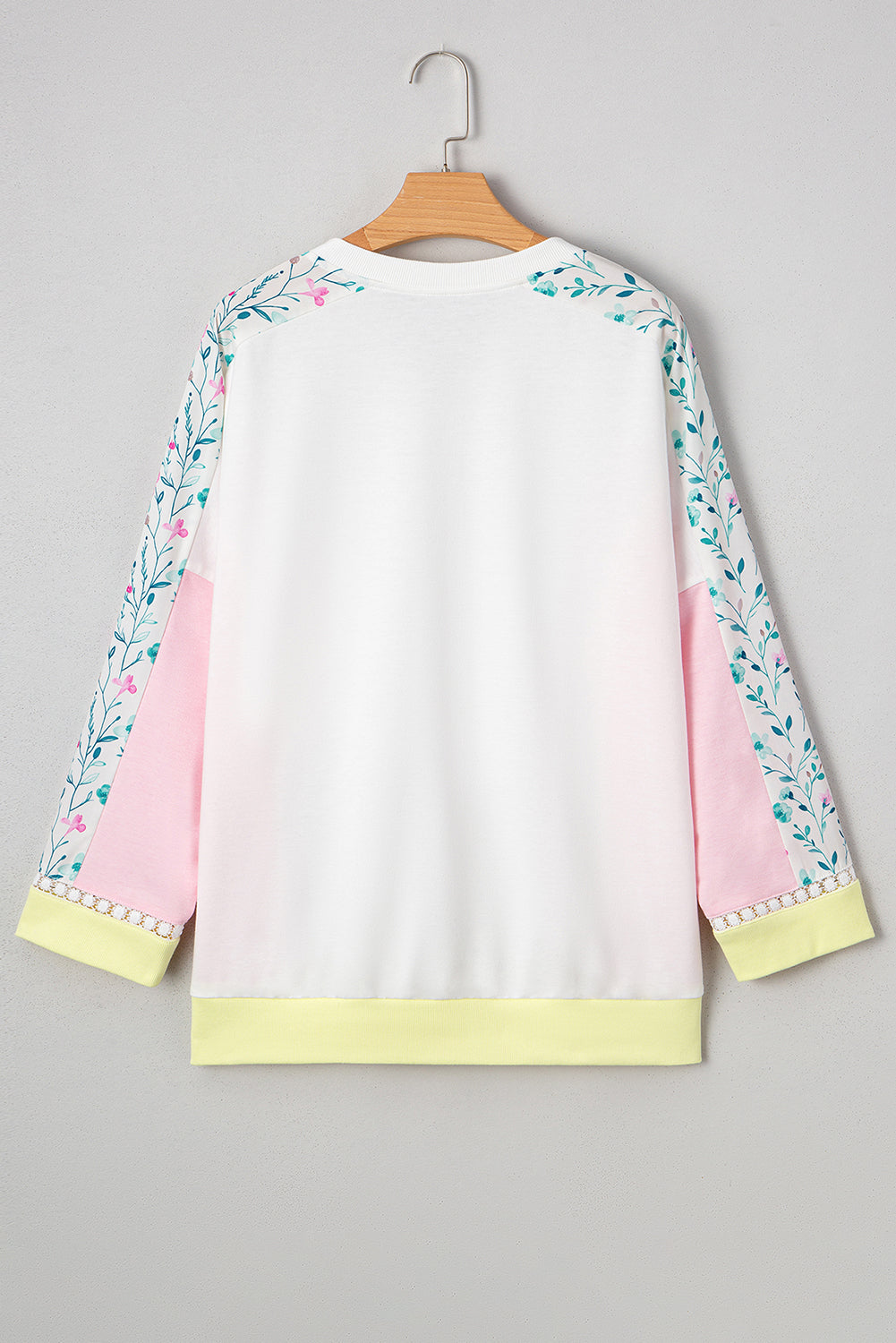White Floral Colorblock Patchwork Notched Neck Long Sleeve Top
