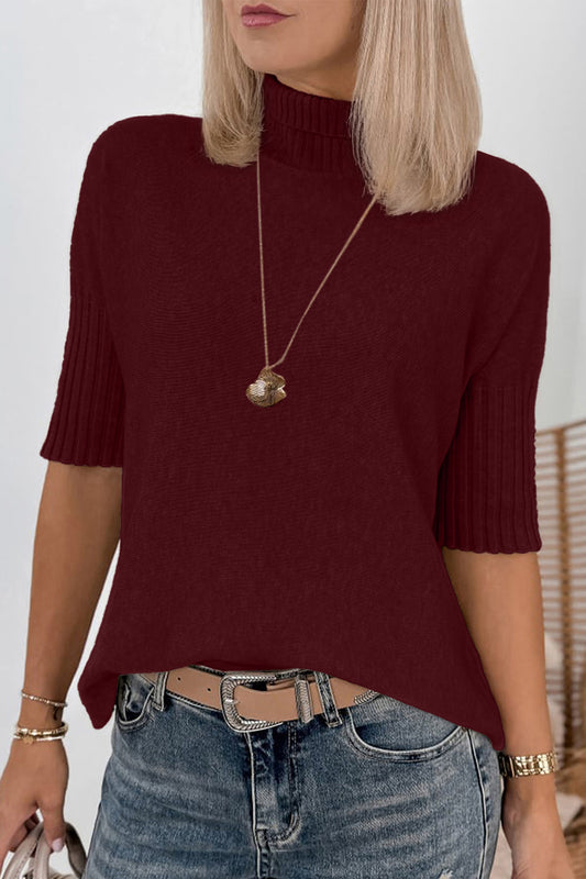 Burgundy Ribbed Trim High Neck Short Sleeve Casual Sweater