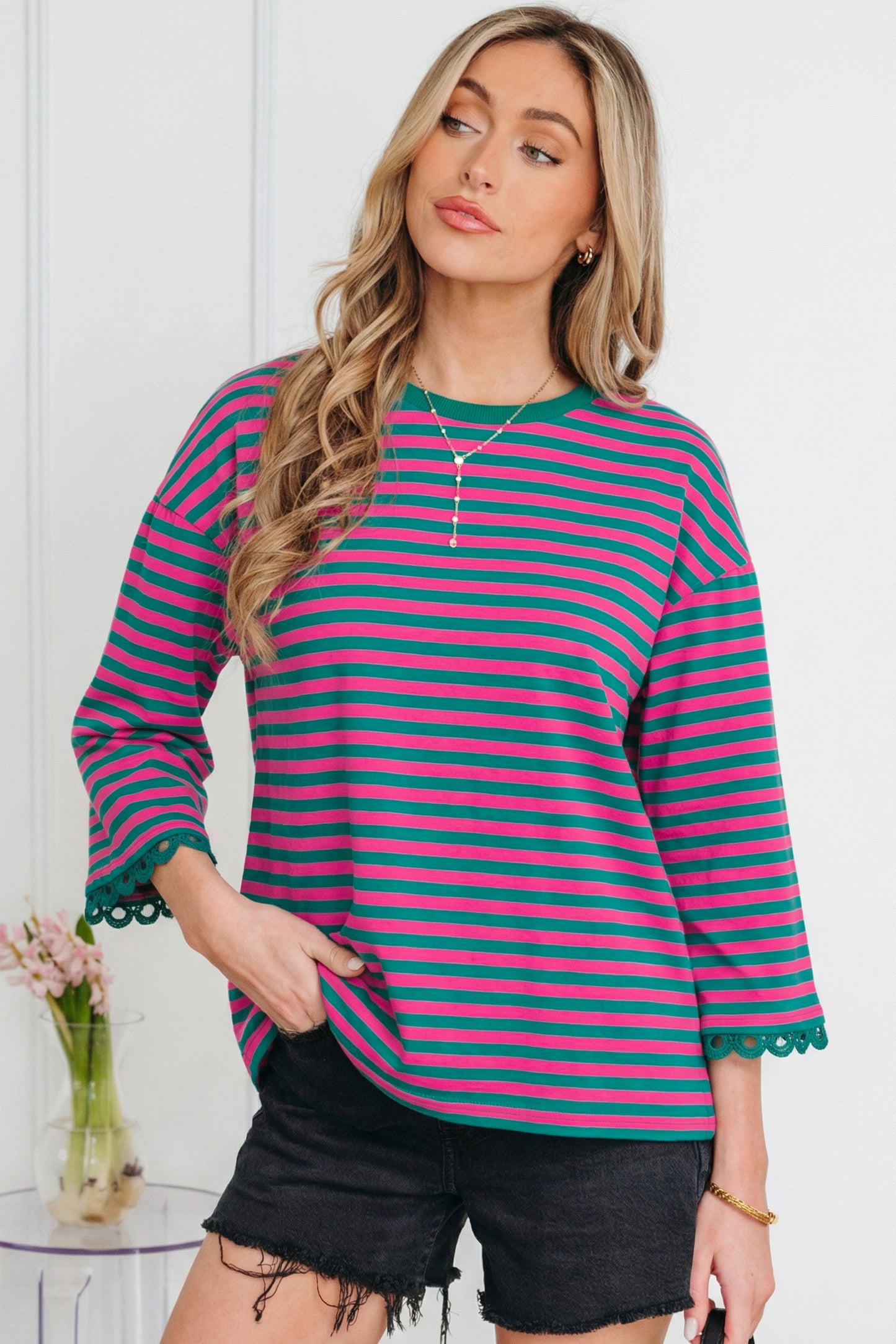 Sachet Pink Striped Print Drop Shoulder Lace Trim Bracelet Sleeve Loose Top