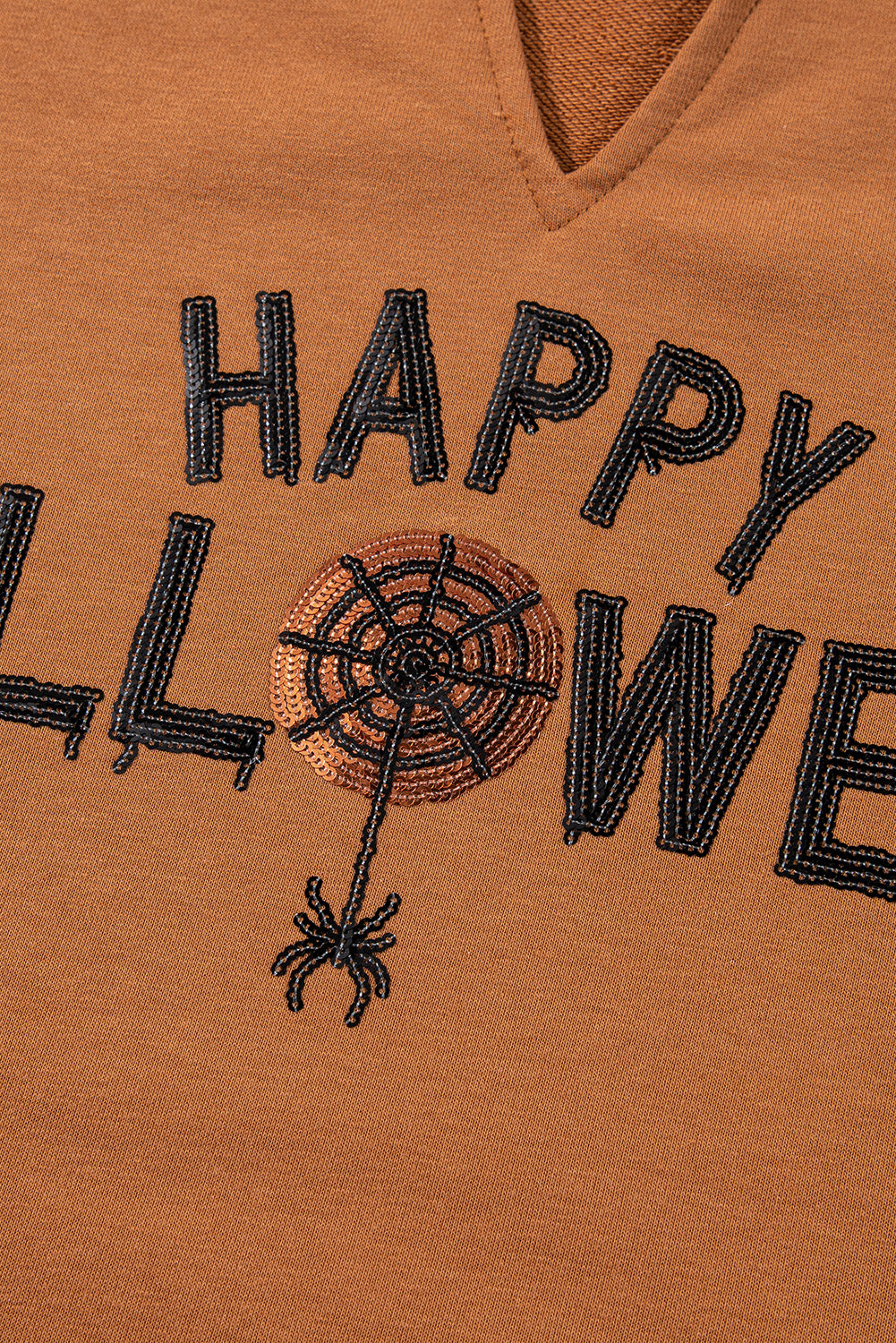 Chestnut Sequin Happy Halloween Graphic Notched Neck Loose Top
