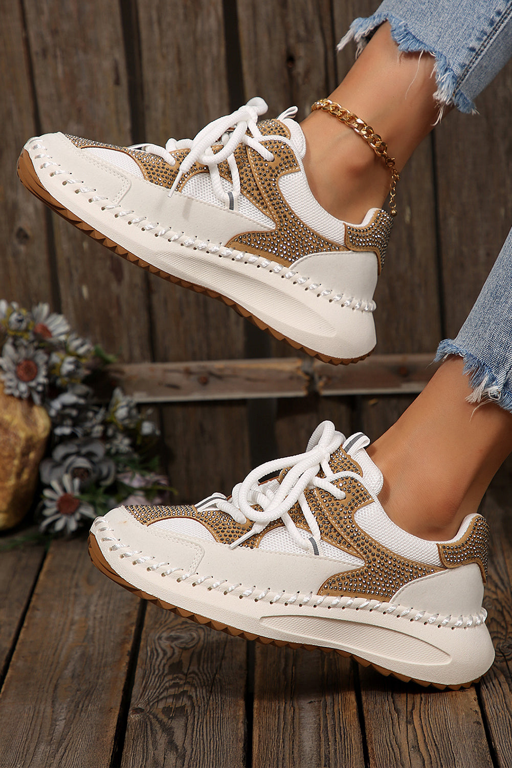 White Rhinestone PU Leather Platform Casual Sneakers