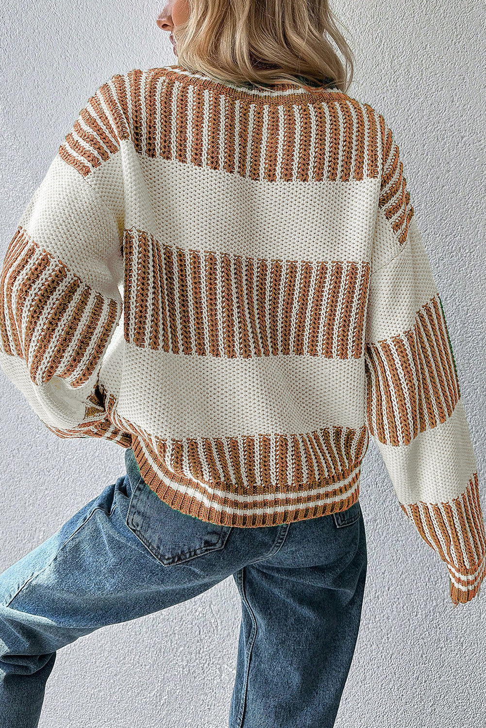 Light Blue Two Tone Striped Patchwork Drop Shoulder Sweater