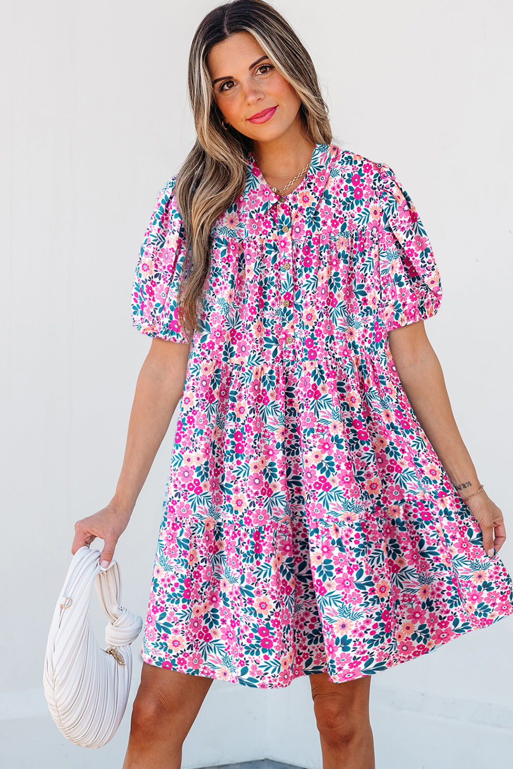 Pink Floral Collared Half Placket Short Sleeve Loose Dress