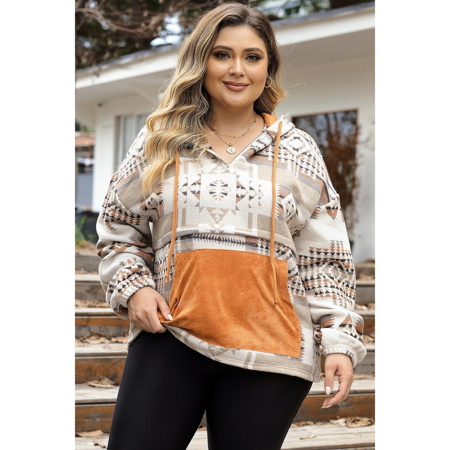 Plus Size Geometric Print Kangaroo Pockets Hoodie