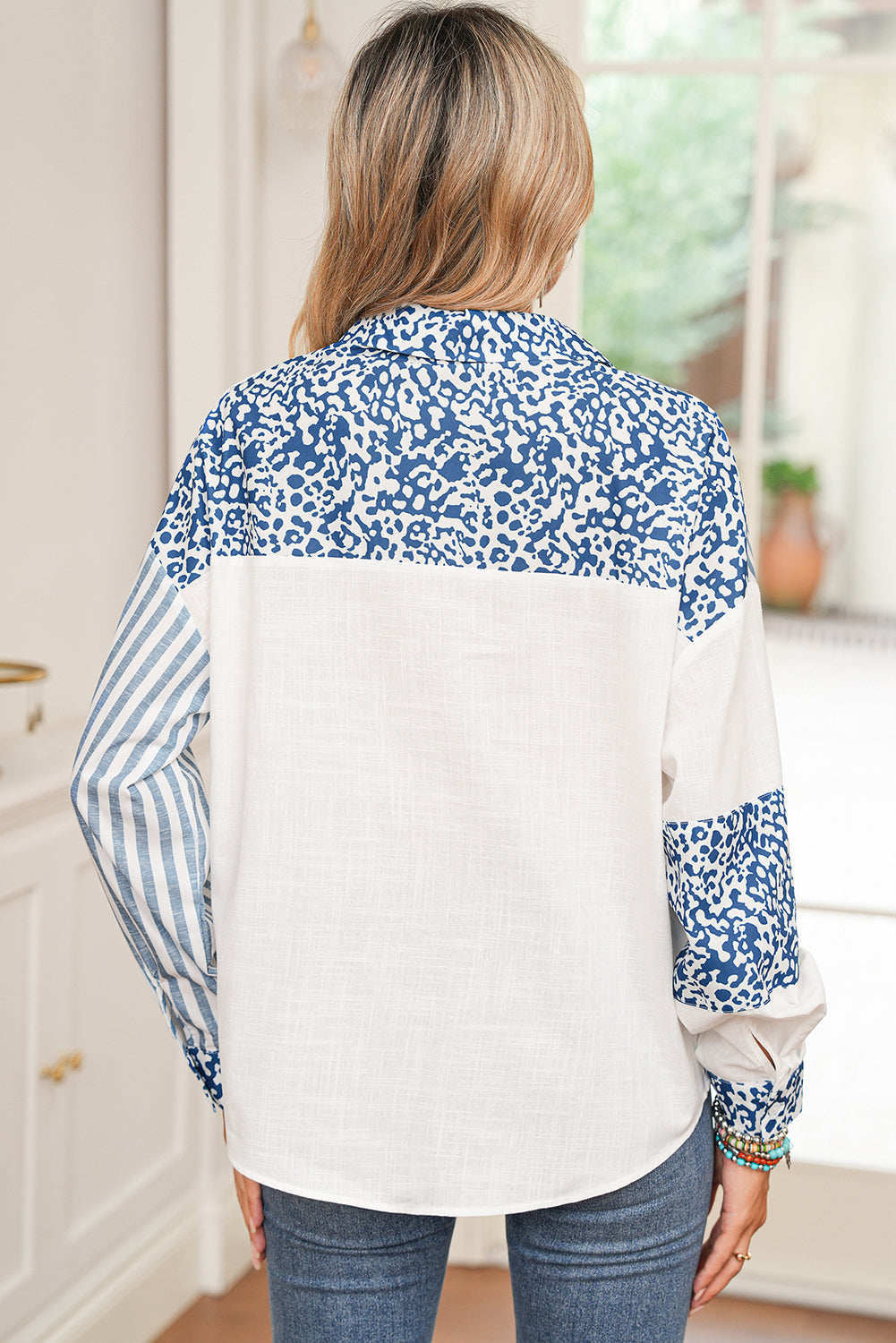 Pink Leopard Striped Patchwork Button-up Shirt