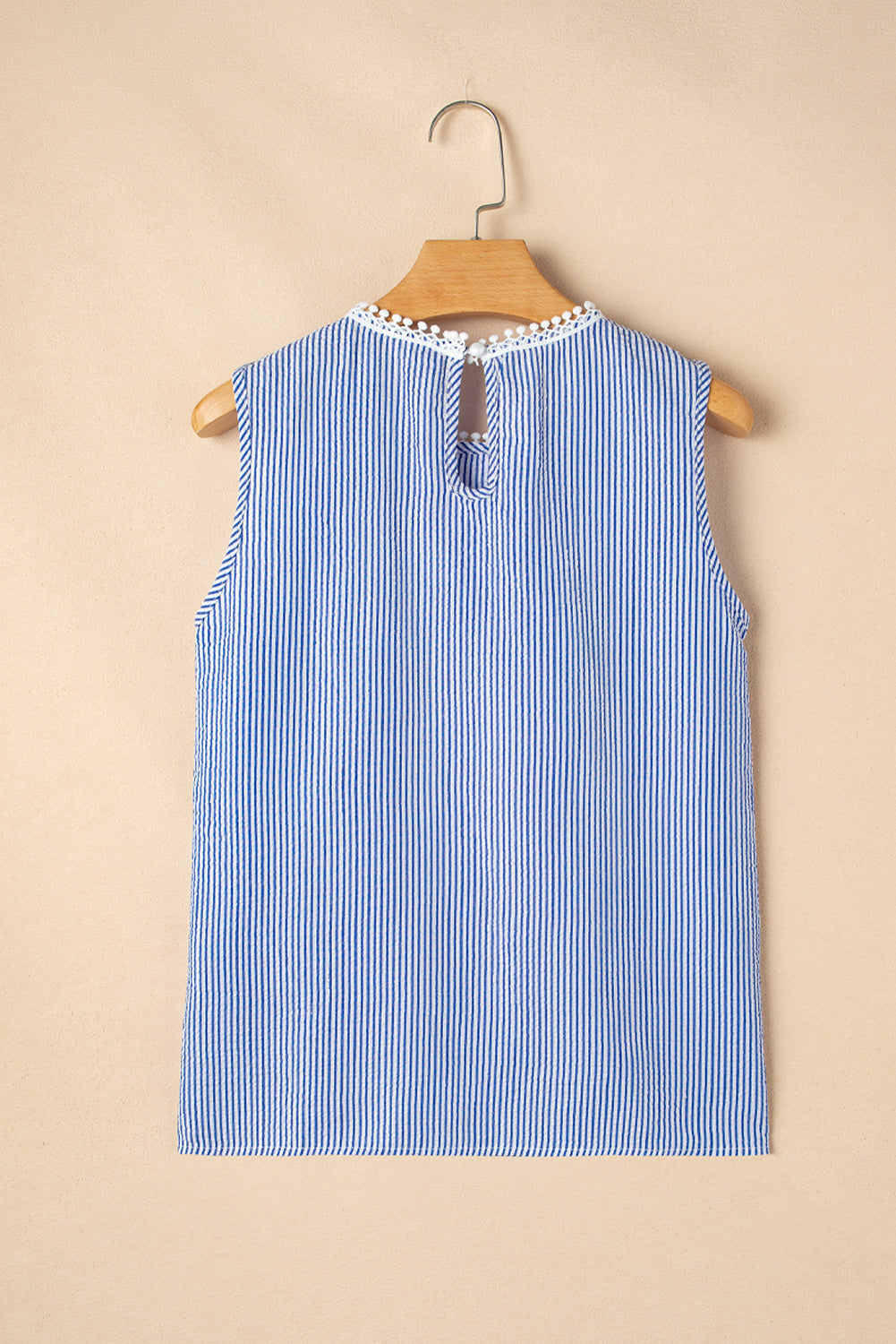 Sky Blue Stripe Lace Patchwork Crew Neck Tank Top
