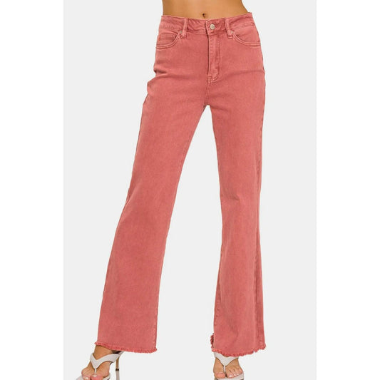 Zenana Acid Washed Frayed Hem Bootcut Jeans