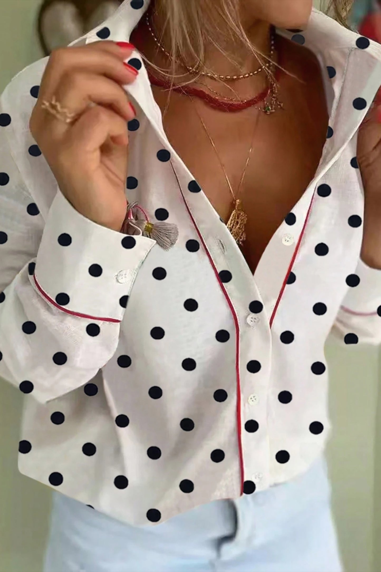 White Polka Dot Print Contrast Piping Elegant Shirt