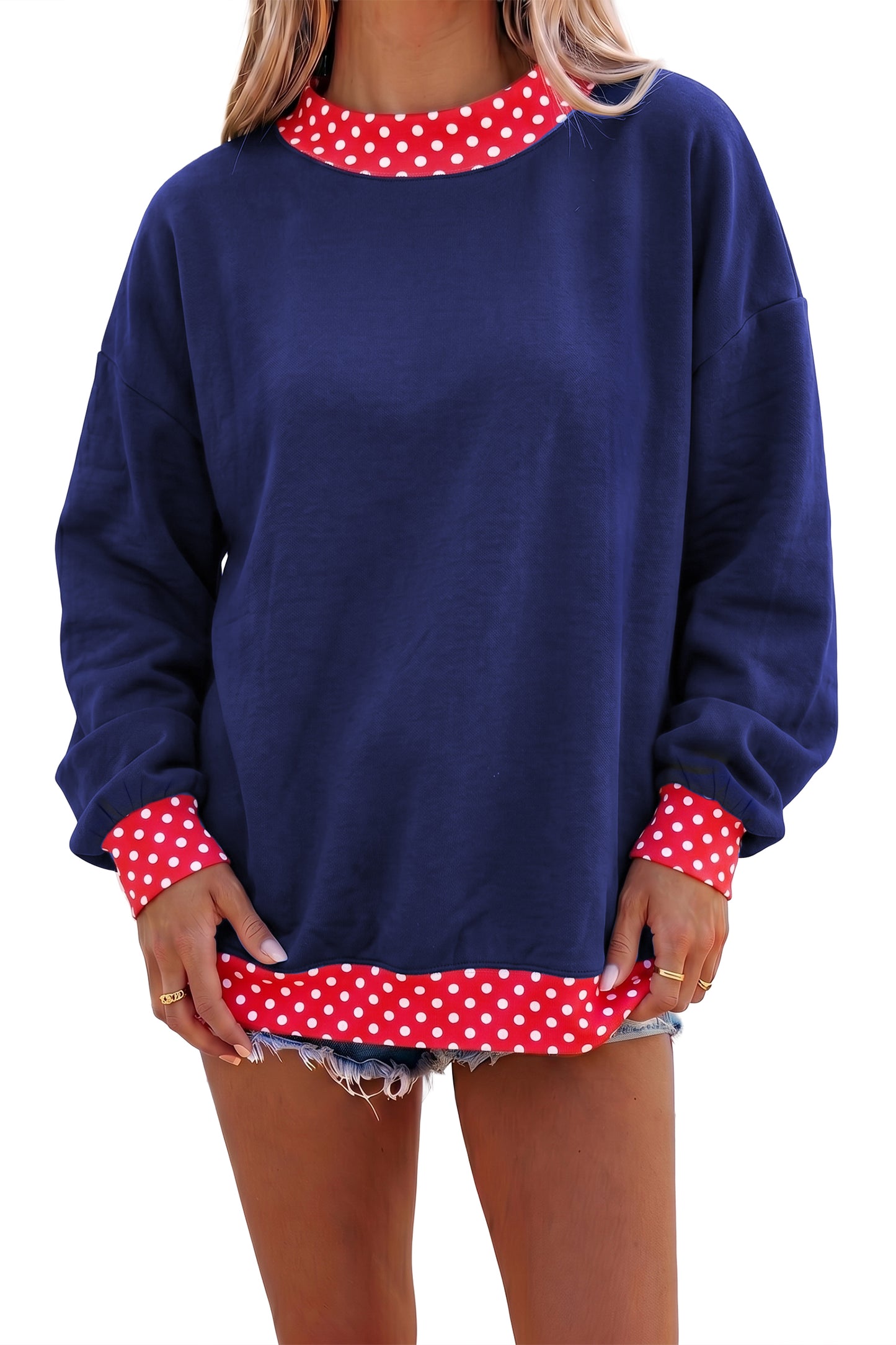 Brown Colorblock Polka Dot Contrast Trim Oversized Sweatshirt