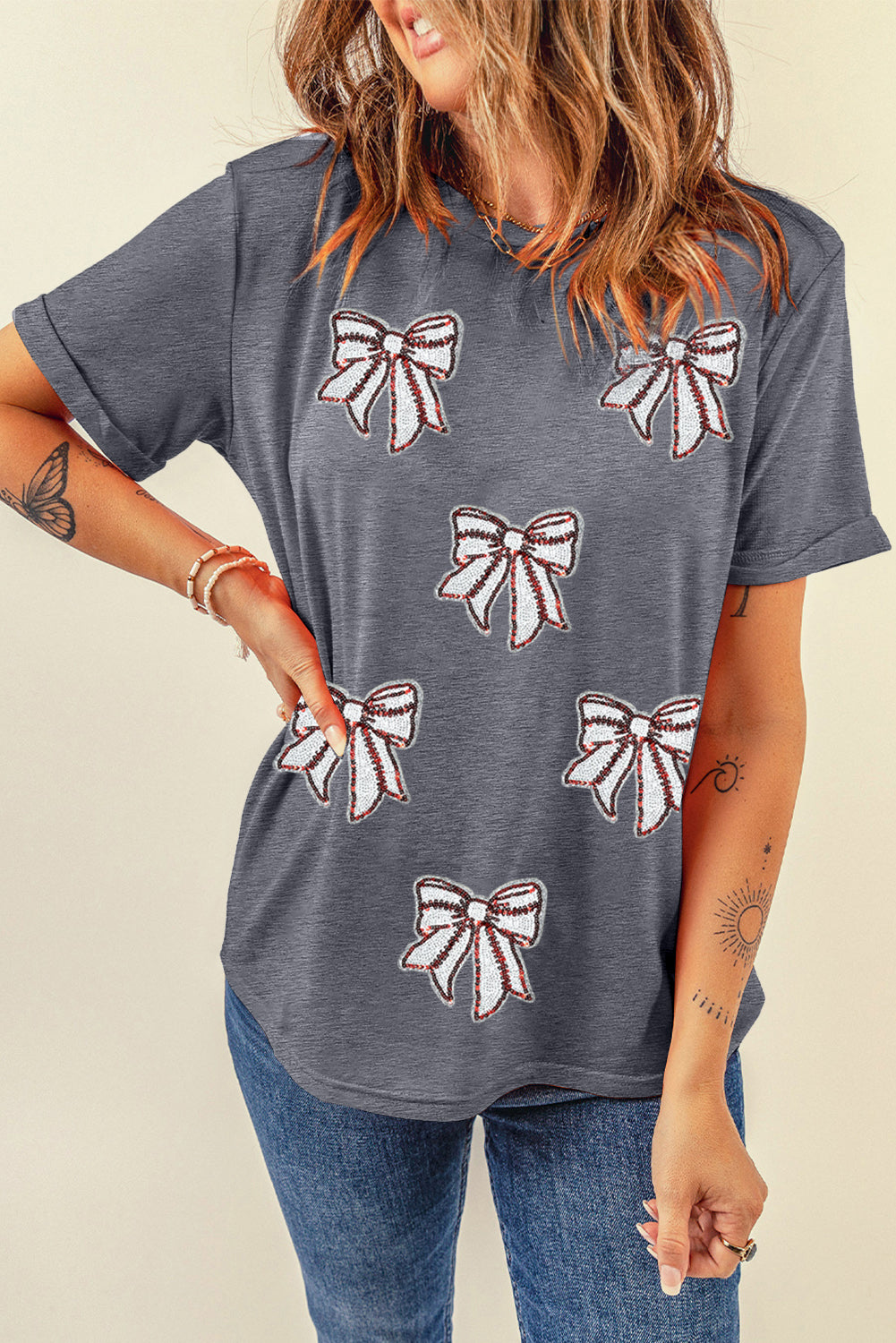Gray Sequin Bow Baseball Fashion Graphic Tee