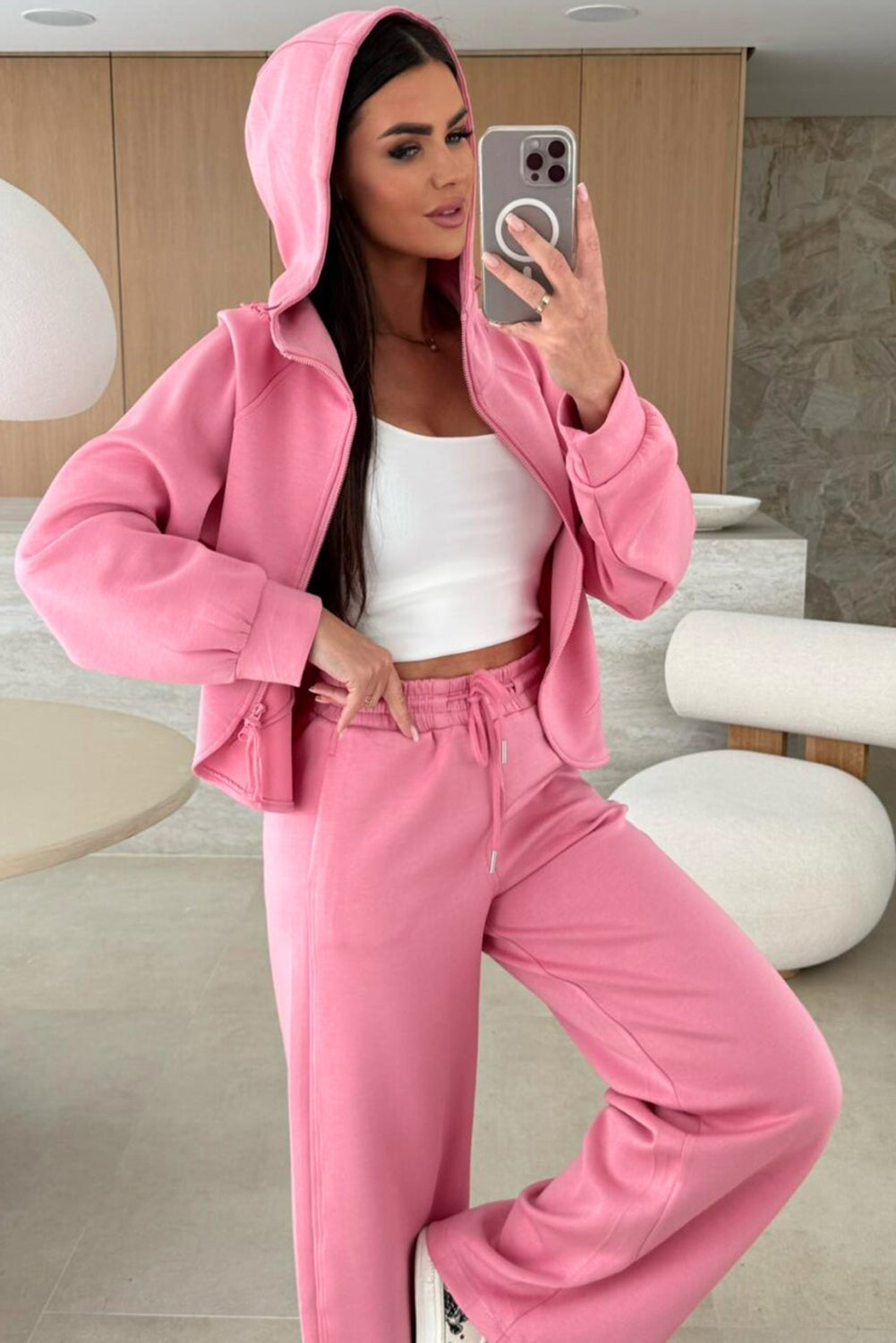 Pink Solid Color Zip Up Hoodie Drawstring Loose Pants Set